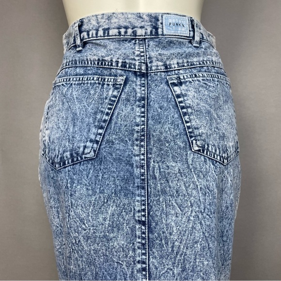 Vintage 80s Denim Skirt Lace Trim Acid Wash Retro Jean Skirt Pencil Cotton - Picture 5 of 16